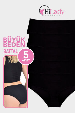 HiLady Kadın Külot, Büyük Beden Siyah Battal Külot, 5'li Paket
