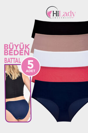 HiLady Kadın Külot, Büyük Beden Lacivertli Battal Külot, 5'li Paket