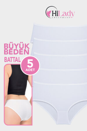 HiLady Kadın Külot, Büyük Beden Beyaz Battal Külot, 5'li Paket
