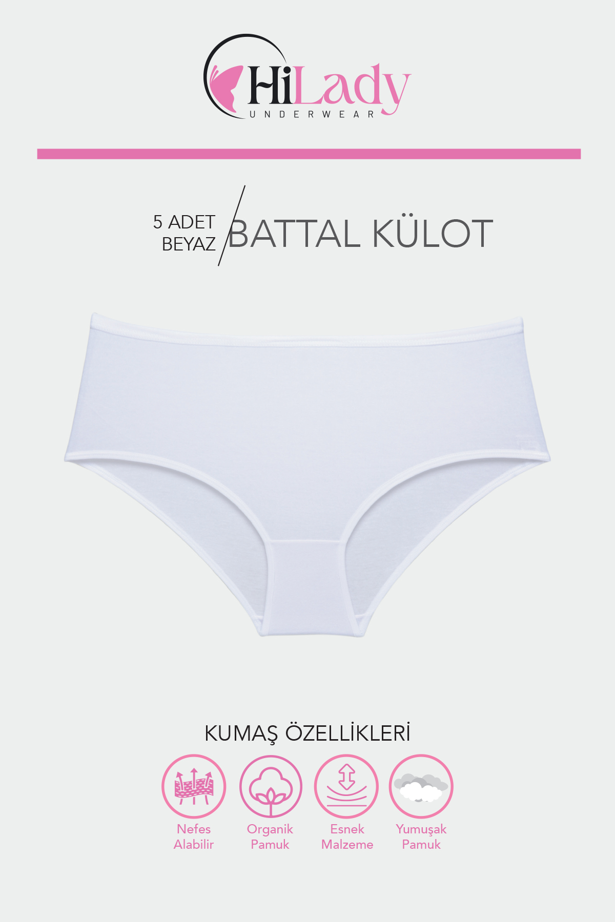 HiLady Kadın Külot, Büyük Beden Beyaz Battal Külot, 5'li Paket - Görsel 2