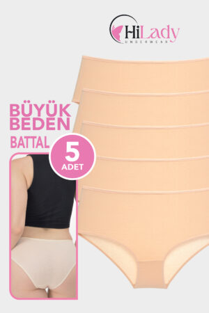 HiLady Kadın Külot, Büyük Beden Ten Rengi Battal Külot, 5'li Paket