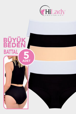 HiLady Kadın Külot, Büyük Beden Siyah-Beyaz-Ten Rengi Battal Külot, 5'li Paket