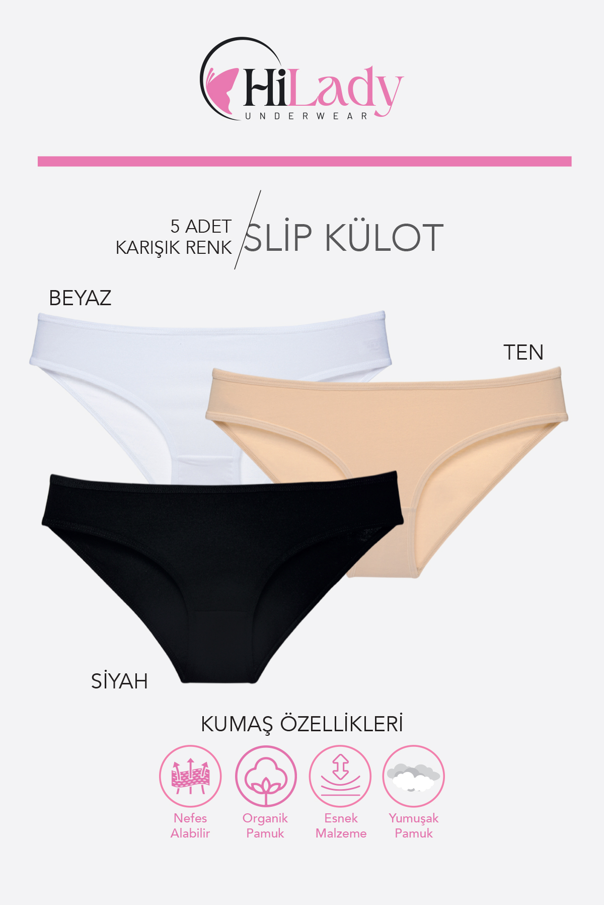 HiLady Kadın Külot, Siyah Beyaz Ten Rengi Slip Külot, 5'li Paket - Görsel 2