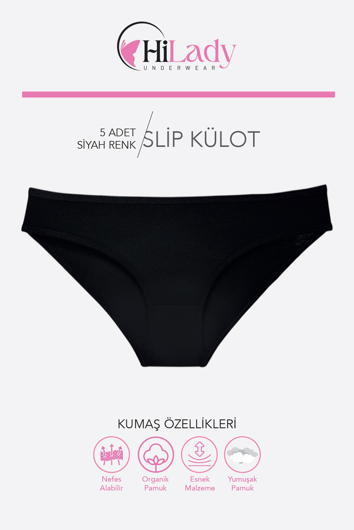 HiLady Kadın Külot, Siyah Slip Külot, 5'li Paket - Görsel 2