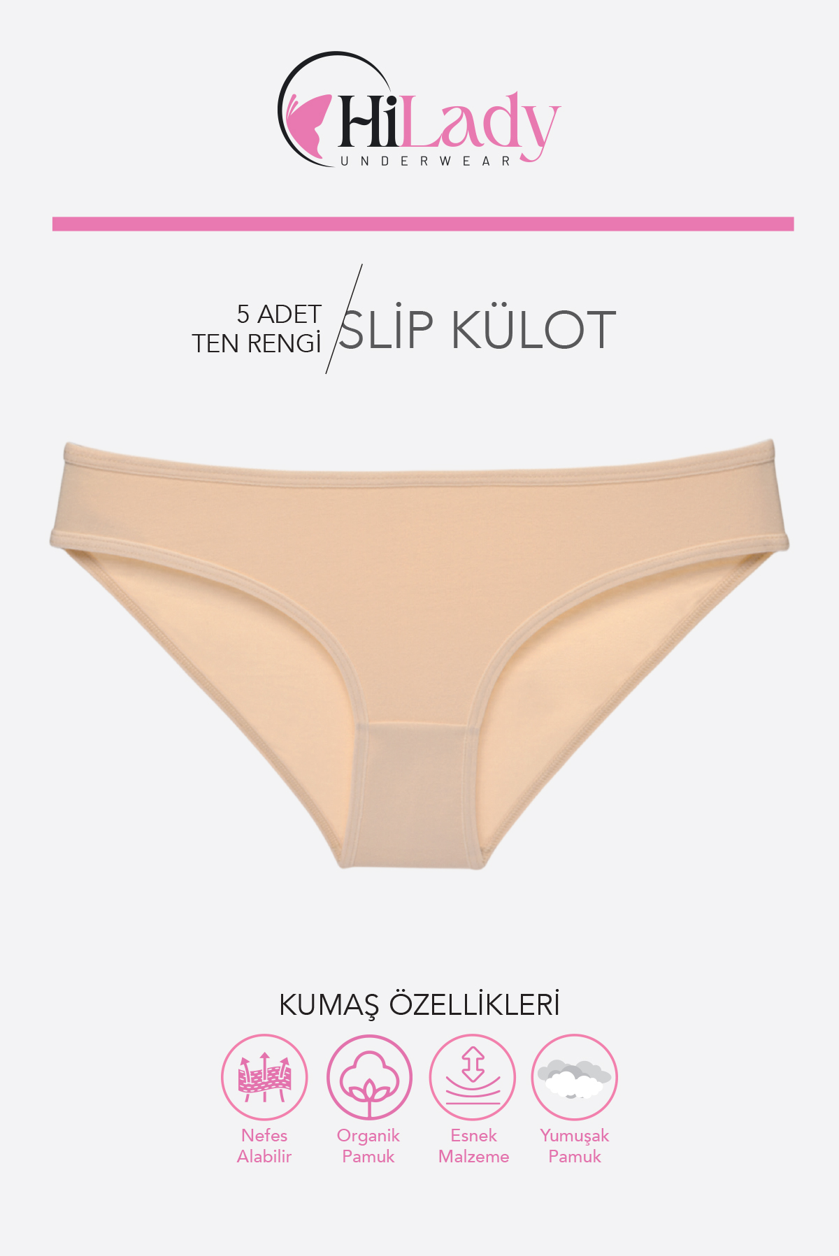 HiLady Kadın Külot, Ten Rengi Slip Külot, 5'li Paket - Görsel 2