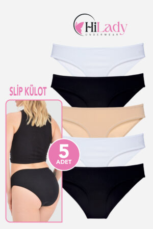 HiLady Kadın Külot, Siyah Beyaz Ten Rengi Slip Külot, 5'li Paket