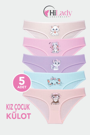 HiLady Çocuk Külot, Karışık Renkli Kedi Baskılı Çocuk Külot, 5'li Paket