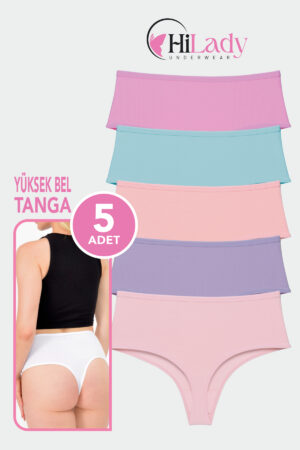 HiLady Kadın Tanga, Açık Soft Renkler Yüksek Bel Tanga, 5'li Paket