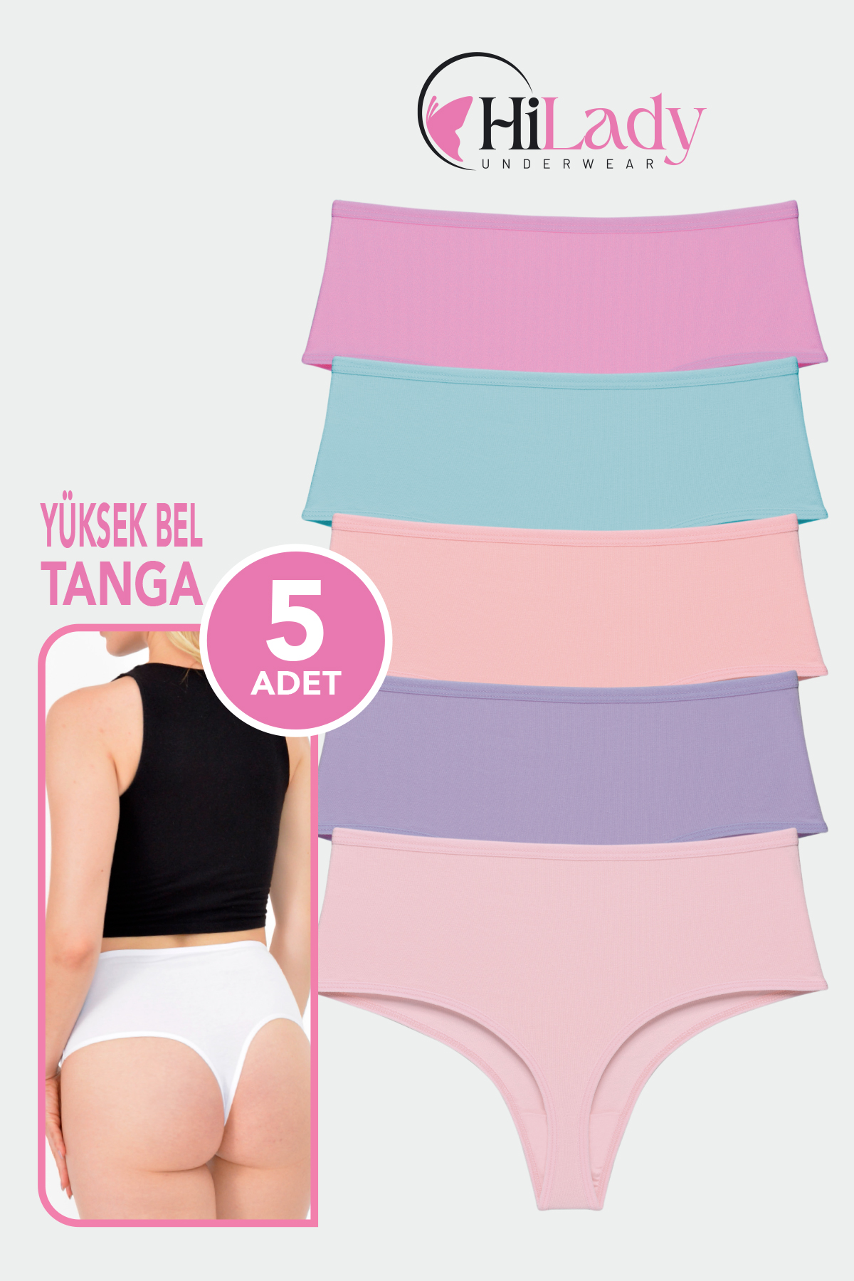 HiLady Kadın Tanga, Açık Soft Renkler Yüksek Bel Tanga, 5'li Paket