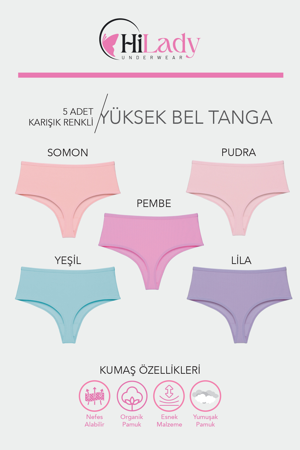 HiLady Kadın Tanga, Açık Soft Renkler Yüksek Bel Tanga, 5'li Paket - Görsel 2