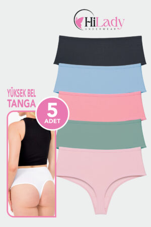 HiLady Kadın Tanga, Koyu Soft Renkler Yüksek Bel Tanga, 5'li Paket