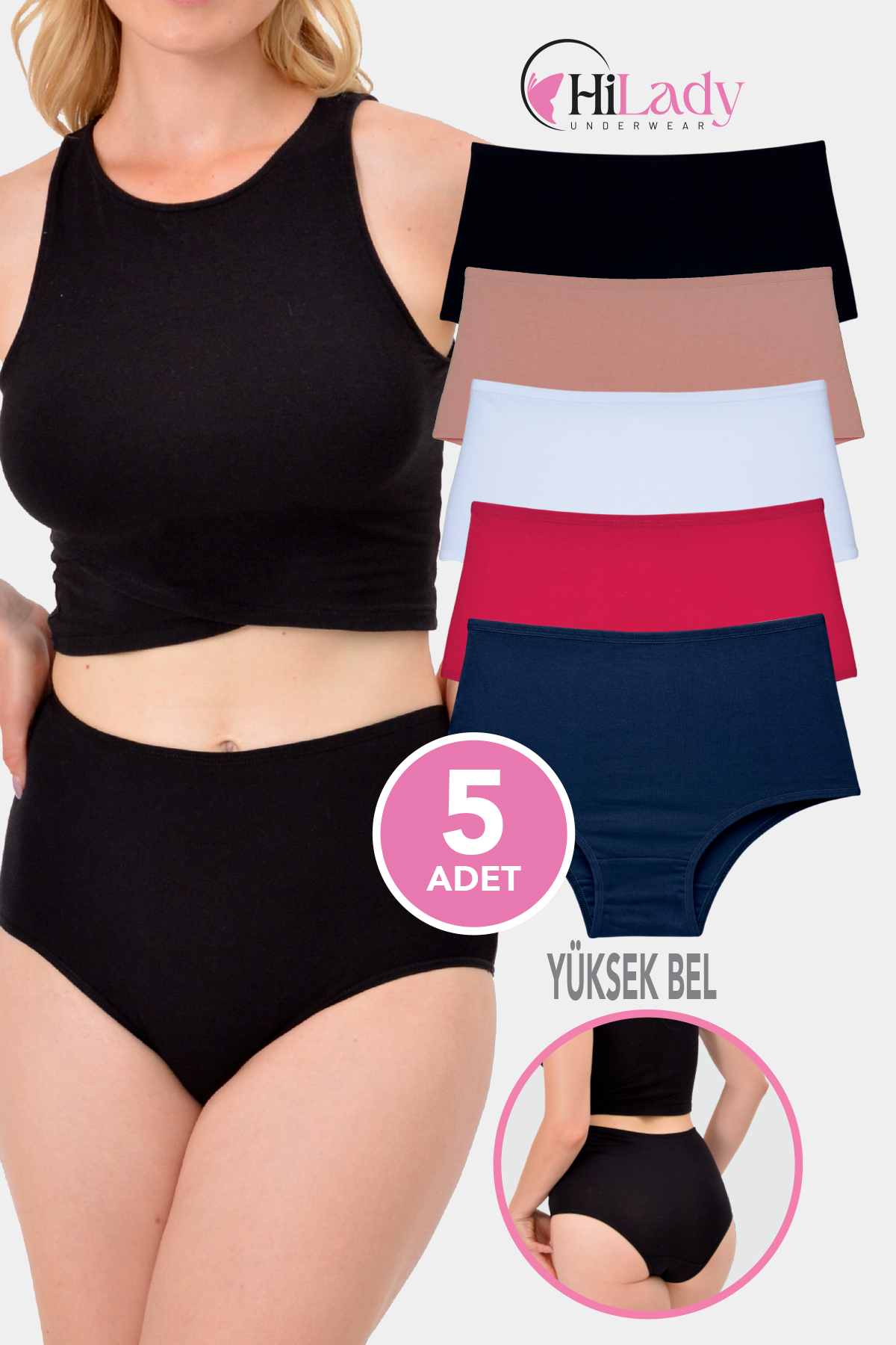 HiLady Kadın Külot, Lacivertli Karışık Renkli Yüksek Bel Külot, 5'li Paket
