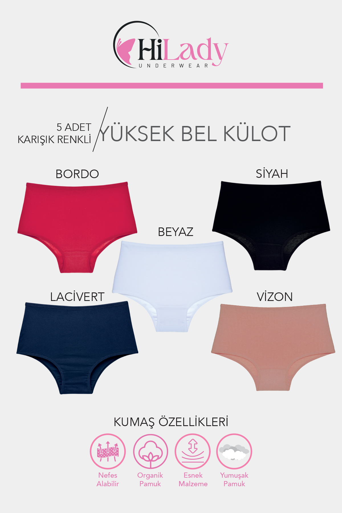HiLady Kadın Külot, Lacivertli Karışık Renkli Yüksek Bel Külot, 5'li Paket - Görsel 2