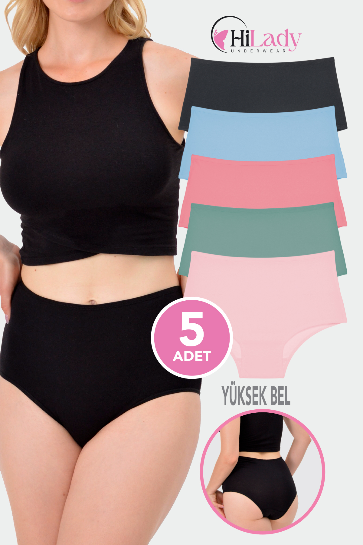HiLady Kadın Külot, Koyu Soft Renkler, Yüksek Bel Külot, 5'li Paket