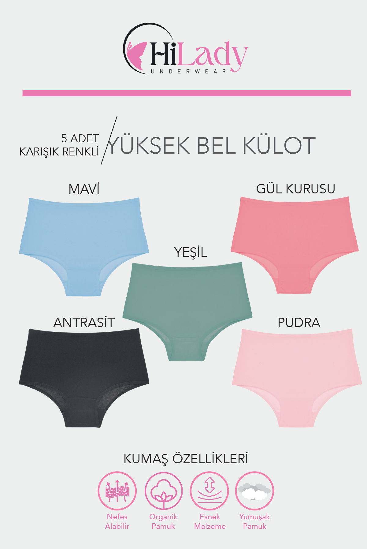 HiLady Kadın Külot, Koyu Soft Renkler, Yüksek Bel Külot, 5'li Paket - Görsel 2